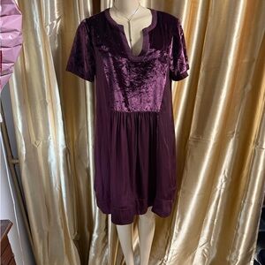 Velvet-Panel Short Sleeve Mini Dress in Deep Plum by Anthropologie